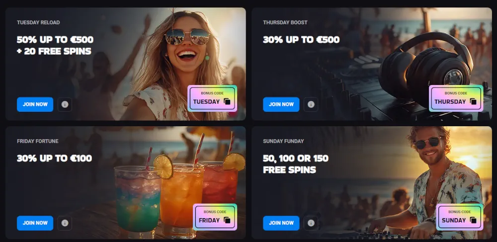 Luckyvibe kampanjegitter som viser ulike innskudds- og reloadbonuser